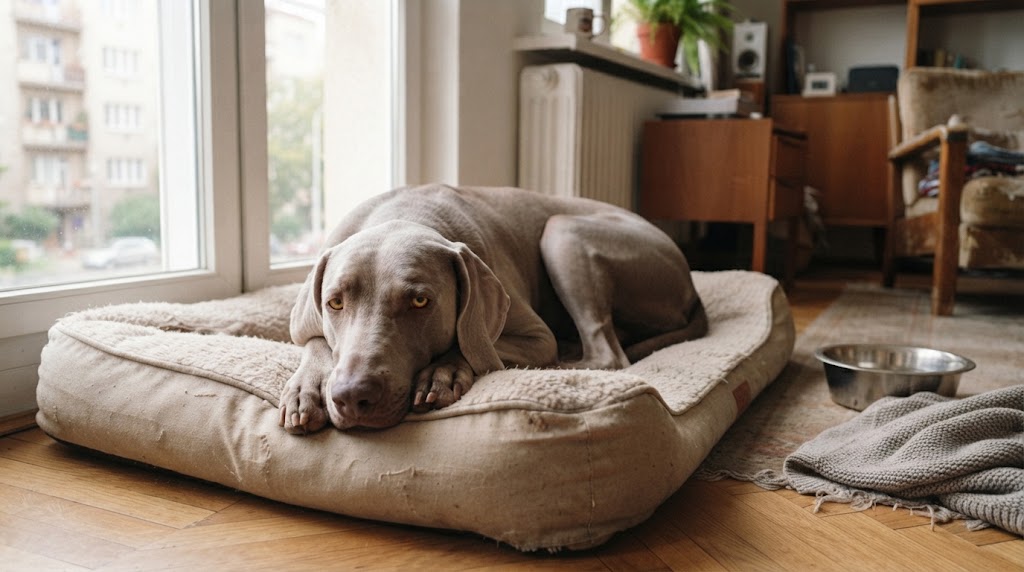 Pes odpočíva doma počas rekonvalescencie po veterinárnej liečbe